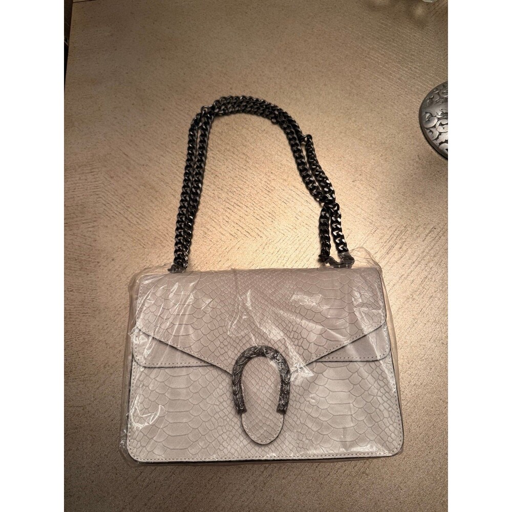 New Faux Snakeskin Flap Shoulder Bag with Dark Chain Strap & Horseshoe Clasp